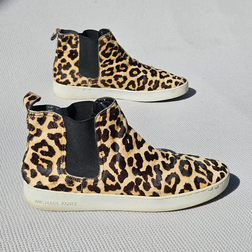 Michael Kors Womens 11M Leopard Calf Hair High Top Chelsea Sneakers CY15D Tan